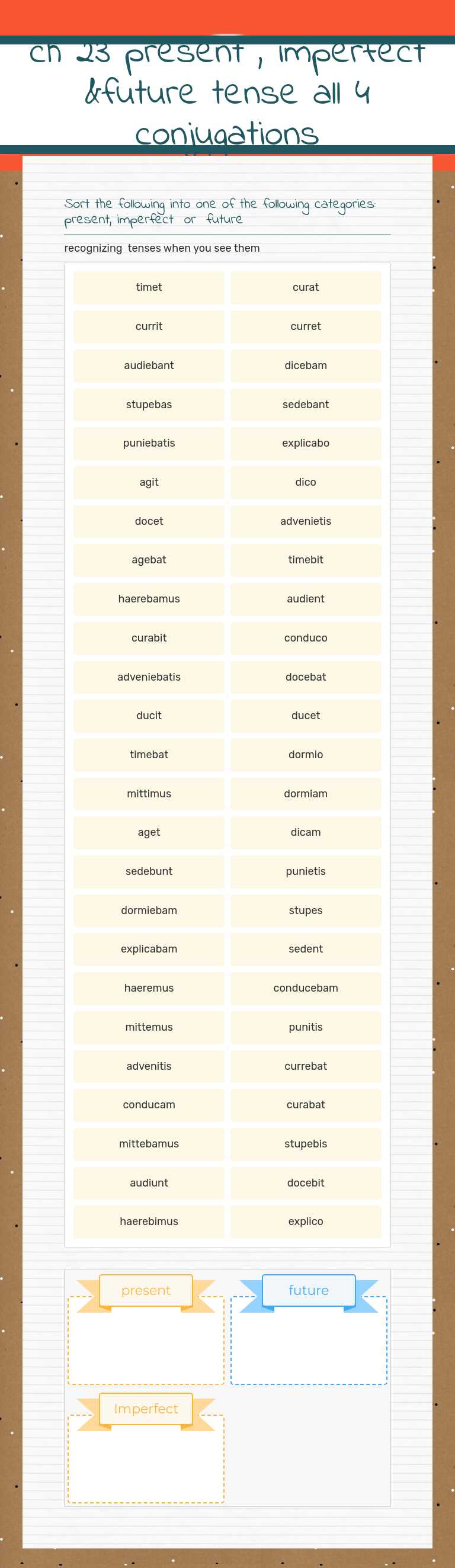 ch 23 present , imperfect &future tense all 4 conjugations worksheet preview image