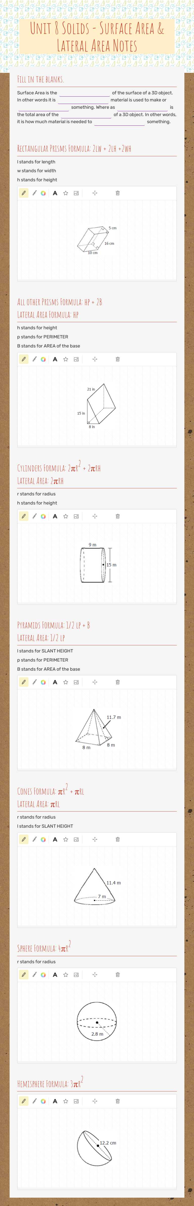 Unit 8 Solids -  
Surface Area & Lateral Area Notes Grade 10 worksheet preview