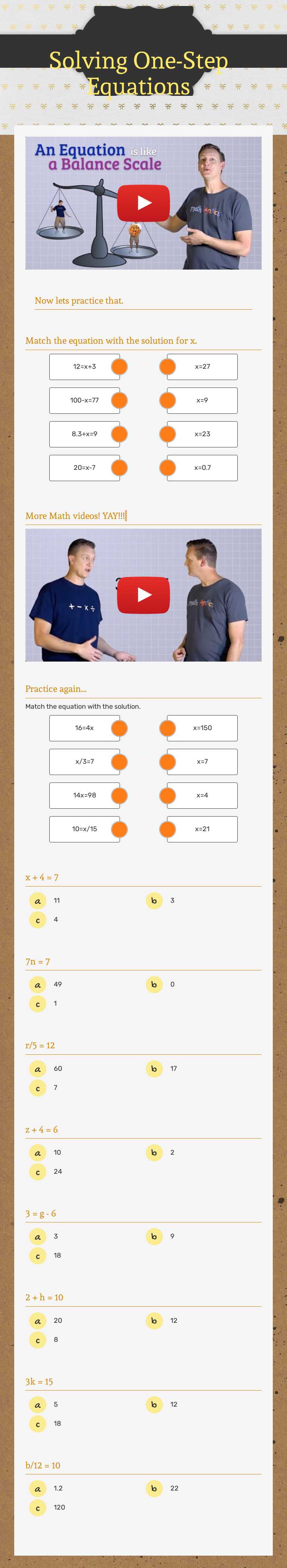 Solving One-Step Equations Grade 7 worksheet preview