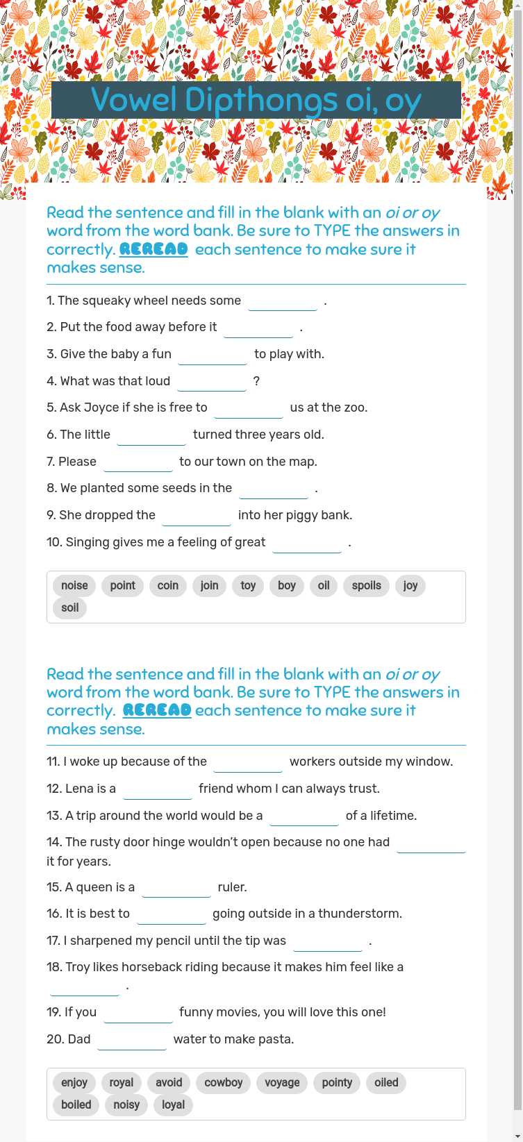 Vowel Dipthongs oi, oy worksheet preview image