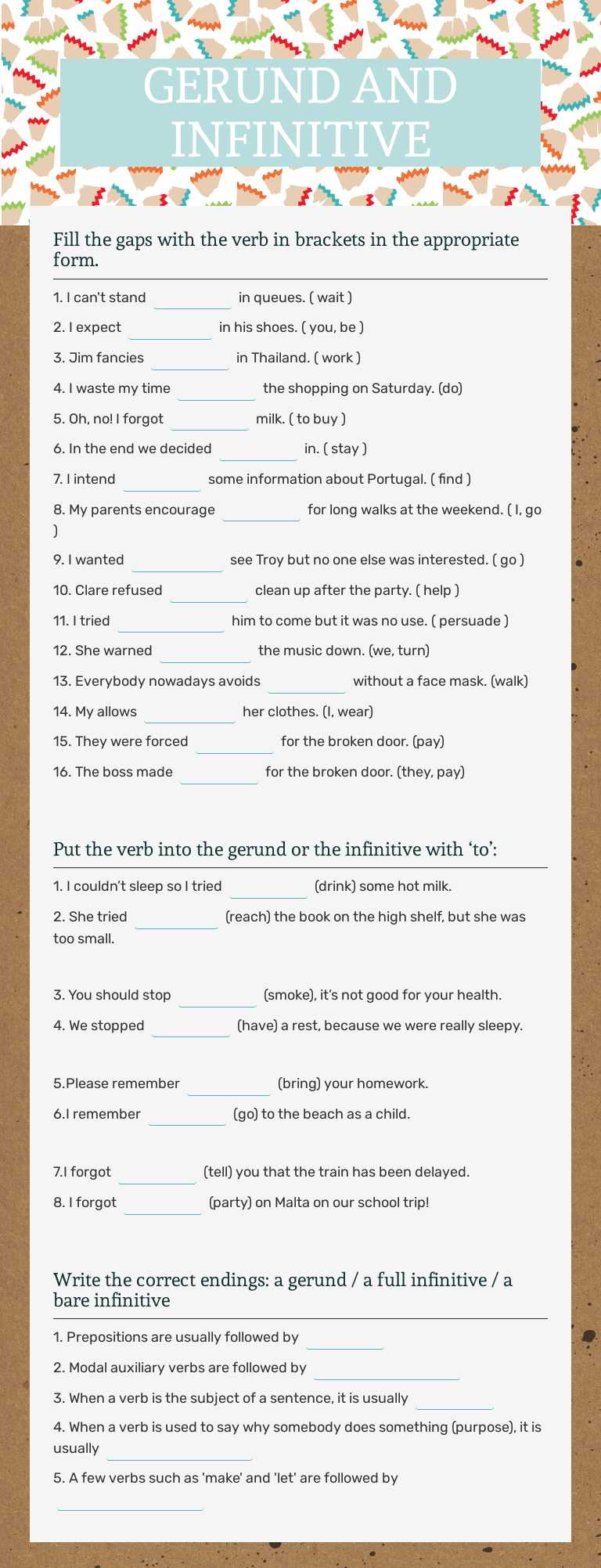 GERUND AND INFINITIVE Grade 11 worksheet preview