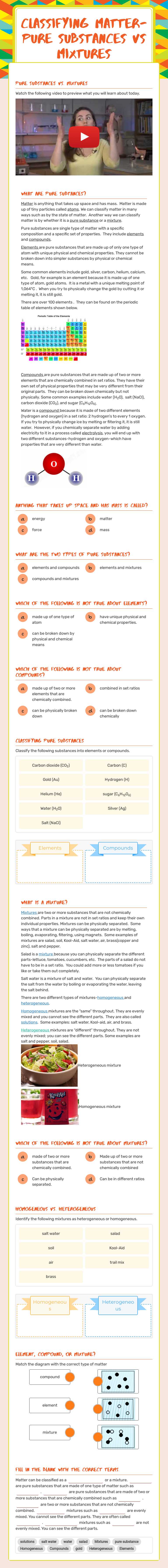 CLASSIFYING MATTER-PURE SUBSTANCES VS MIXTURES Grade 6 worksheet preview