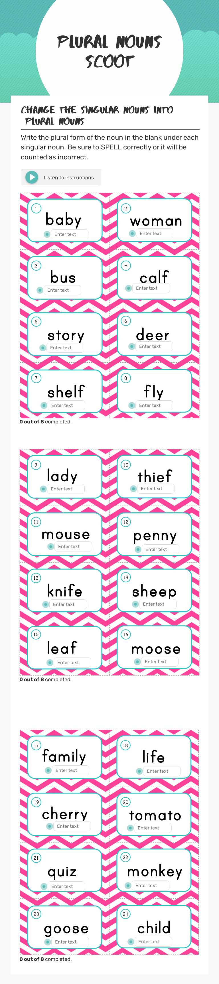 Plural Nouns Scoot Grade 4 worksheet preview