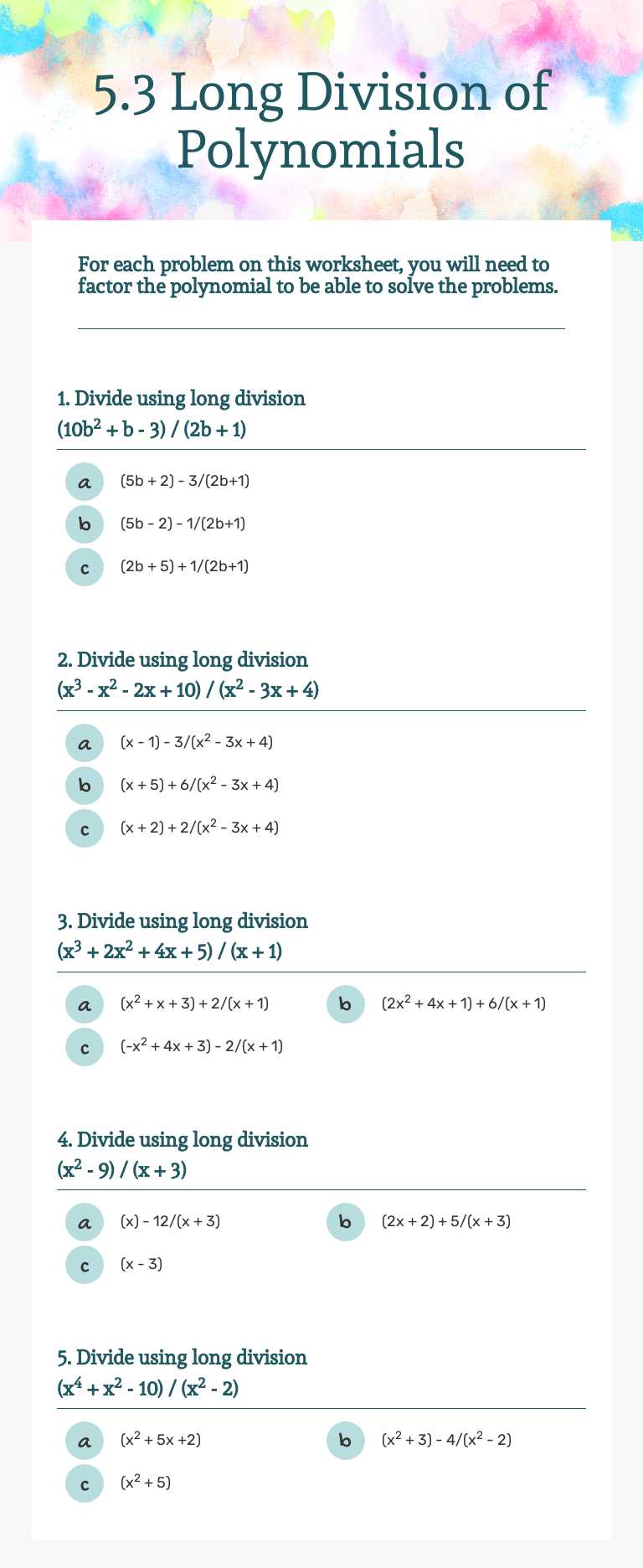 5.3 Long Division of Polynomials worksheet preview image