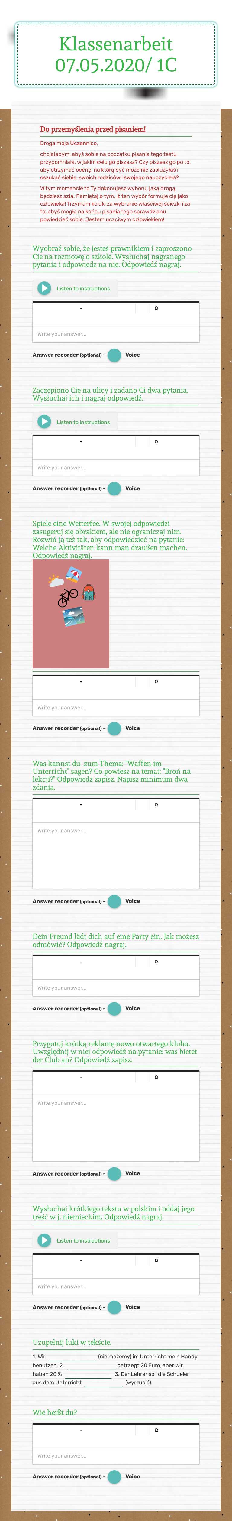 Klassenarbeit 07.05.2020/ 1C worksheet preview image