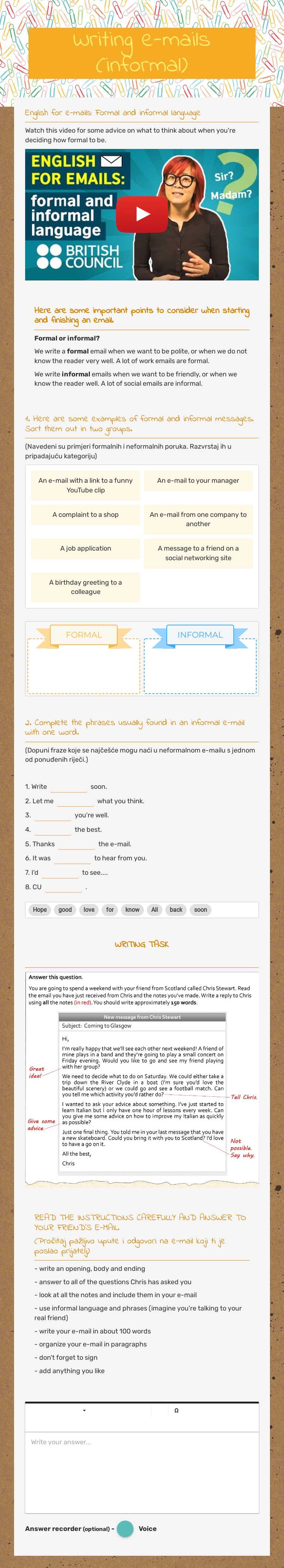 Writing e-mails (informal) worksheet preview image
