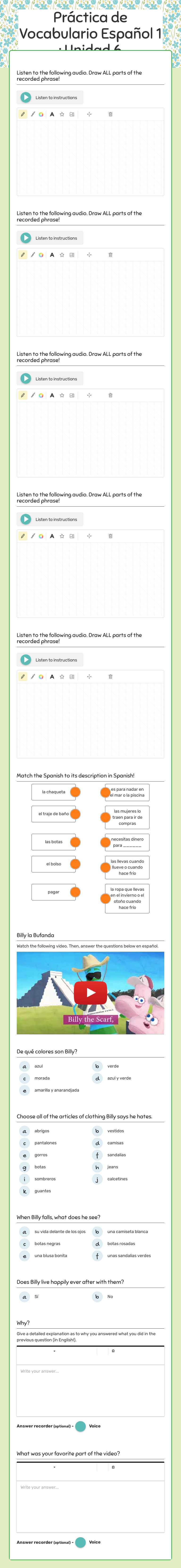 Práctica de Vocabulario Español 1 : Unidad 6 Grade 9 worksheet preview