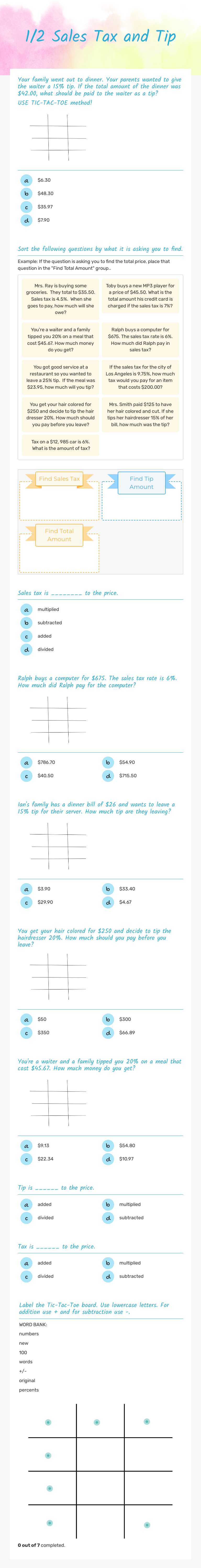 1/2 Sales Tax and Tip worksheet preview image