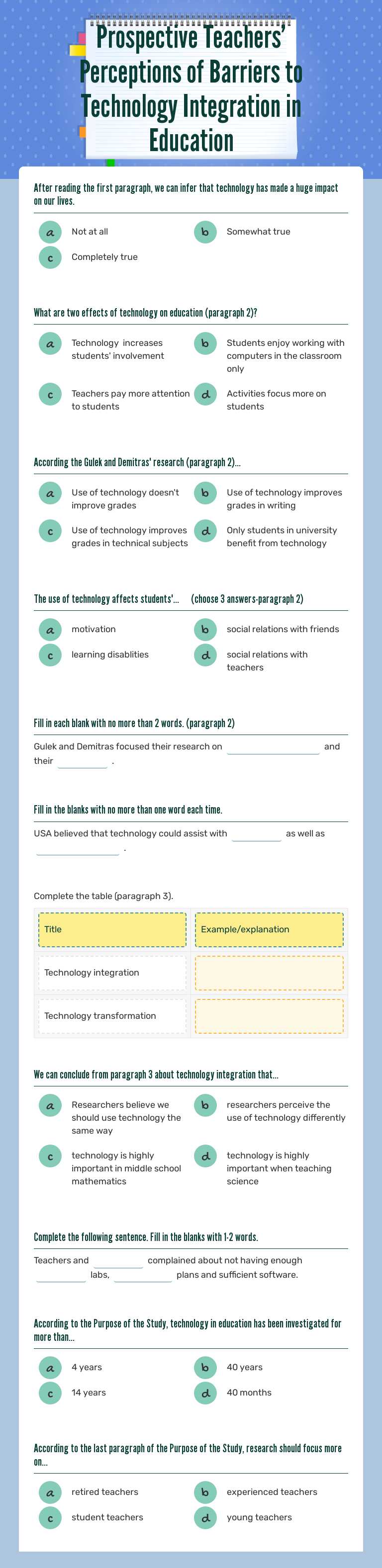 Prospective Teachers’ Perceptions of Barriers to Technology
Integration in Education worksheet preview image
