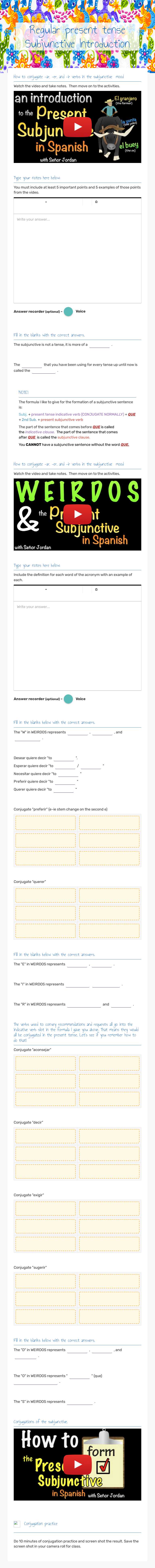 Regular present tense Subjunctive Introduction worksheet preview image