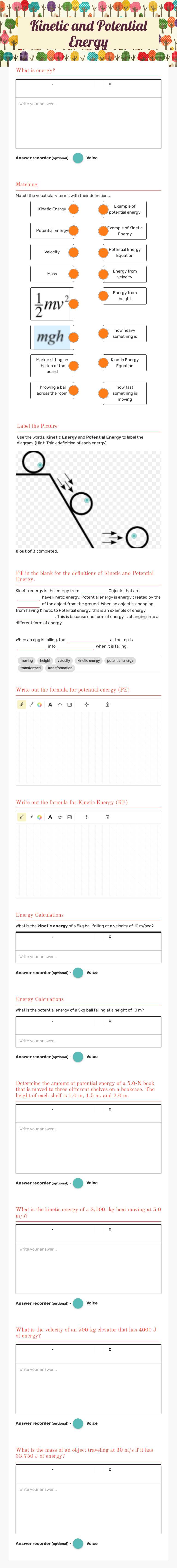 Kinetic and Potential Energy worksheet preview image