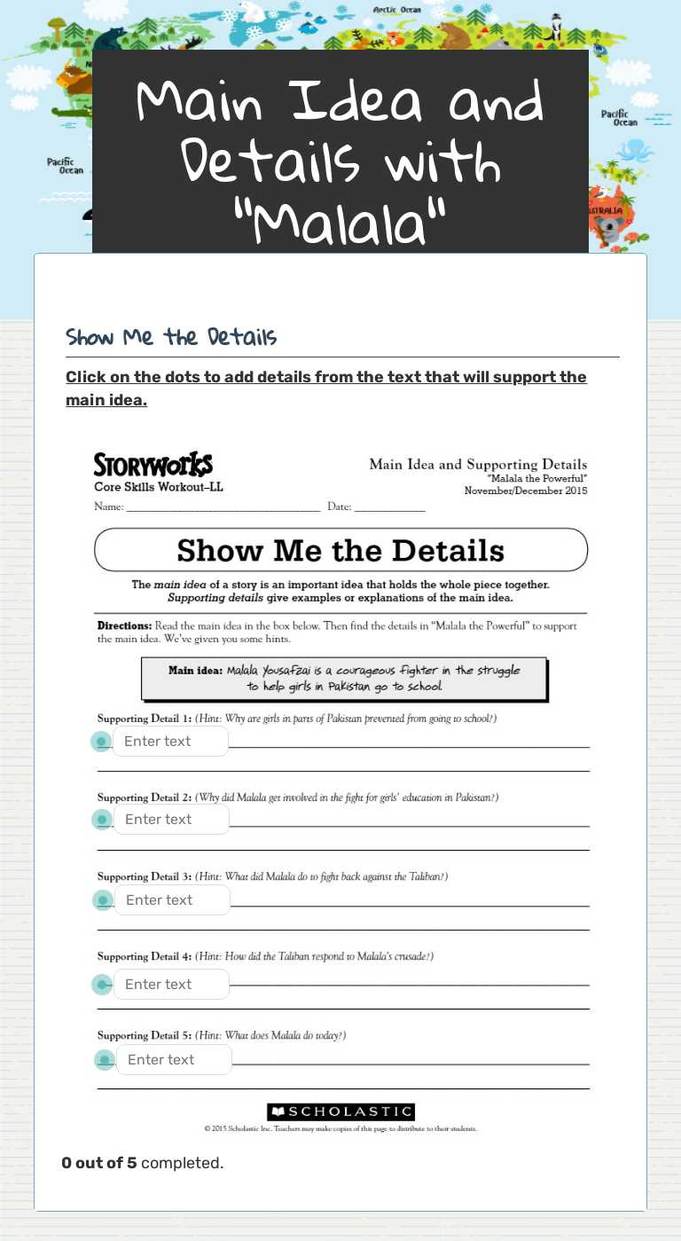Main Idea and  Details with "Malala" worksheet preview image
