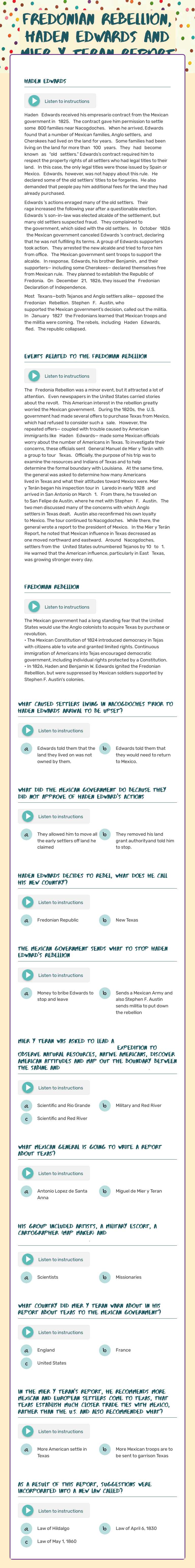 Fredonian Rebellion, Haden Edwards and Mier y Teran Report worksheet preview image