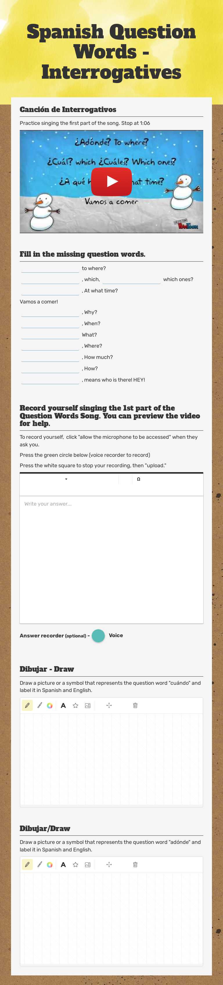 Spanish Question Words - Interrogatives worksheet preview image