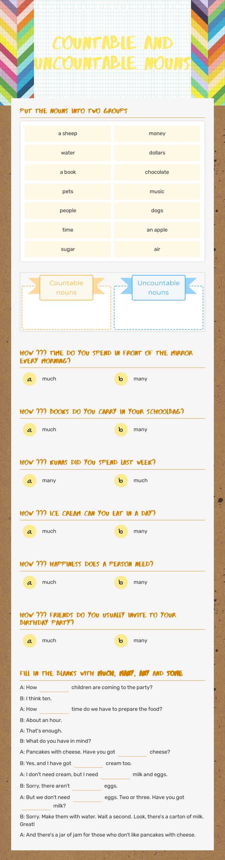 Countable and uncountable nouns worksheet preview image