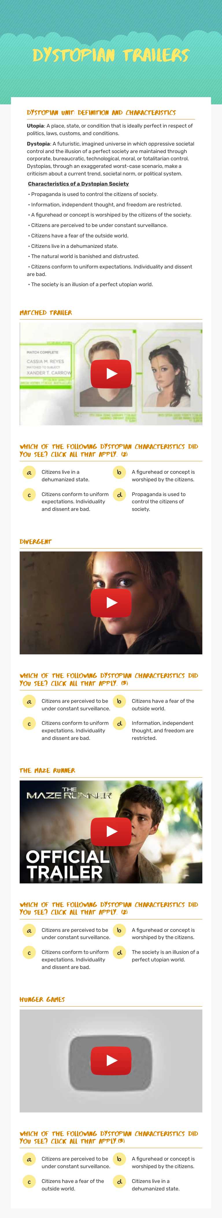 Dystopian Trailers worksheet preview image