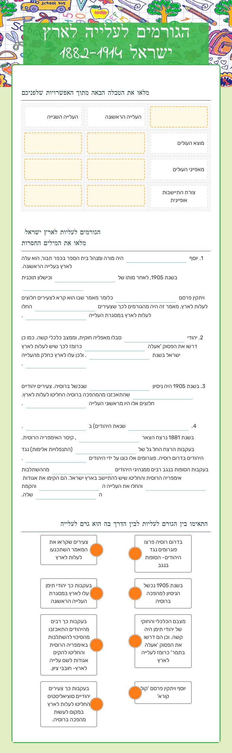 הגורמים לעלייה לארץ ישראל 1882-1914 Grade 10 worksheet preview