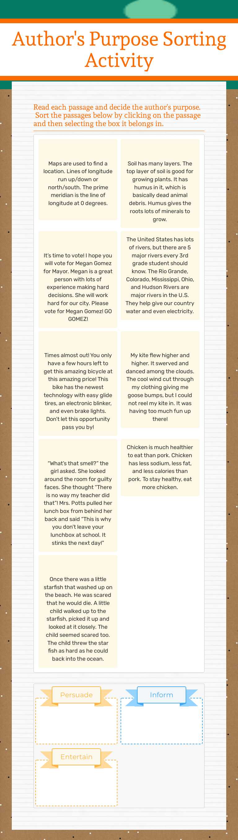 Author's Purpose Sorting Activity worksheet preview image