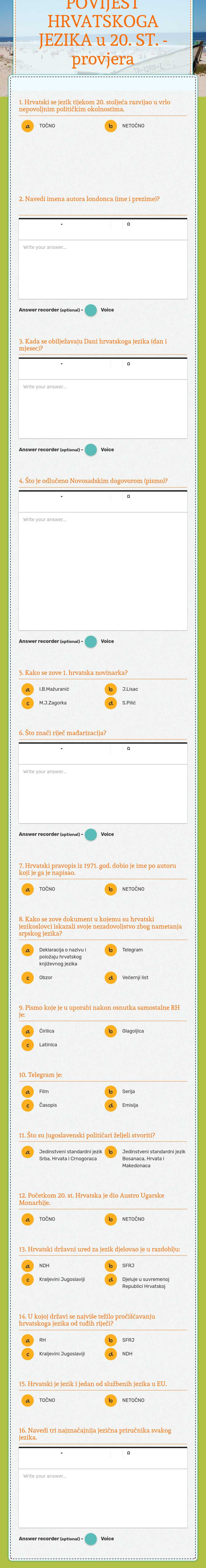 POVIJEST HRVATSKOGA JEZIKA u 20. ST. - provjera worksheet preview image