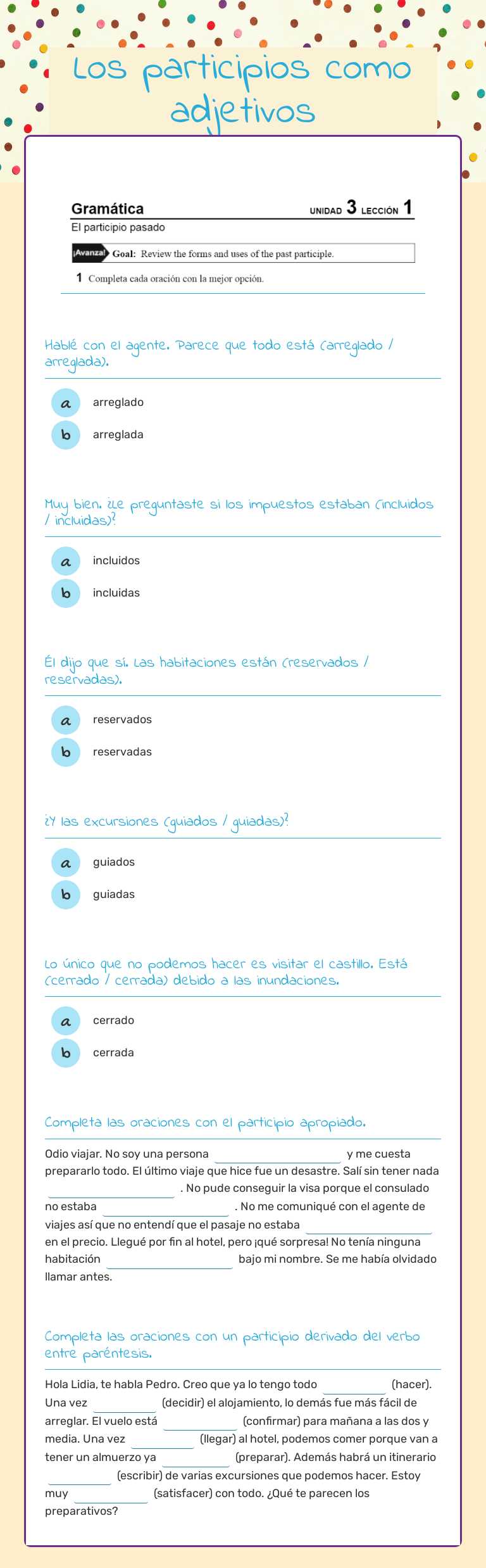 Los participios como adjetivos worksheet preview image