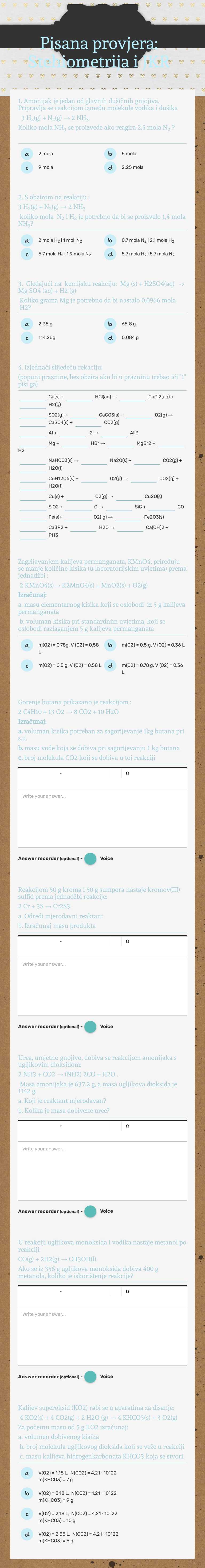Pisana provjera: Stehiometrija i JKR worksheet preview image