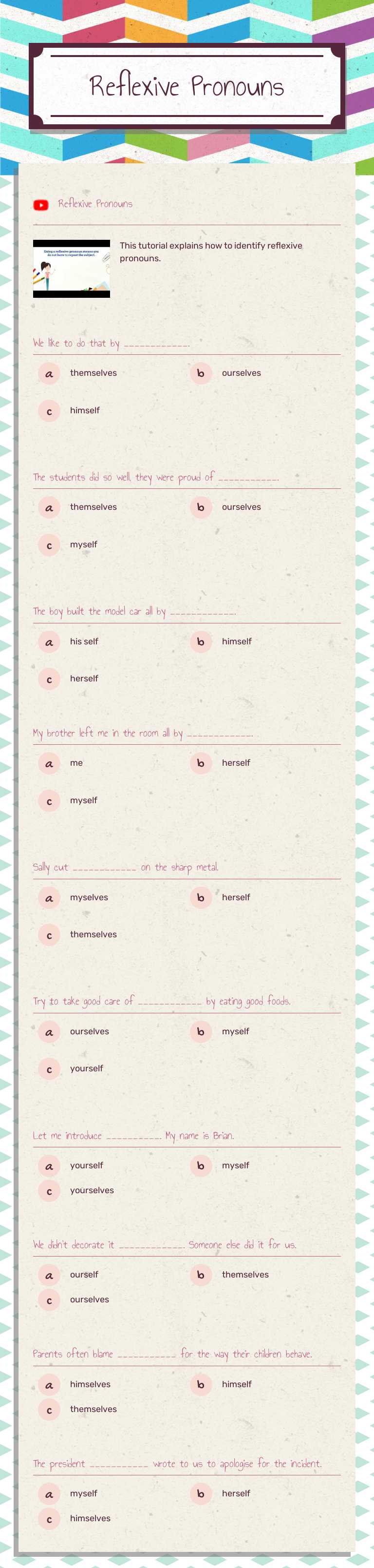 Reflexive Pronouns worksheet preview image