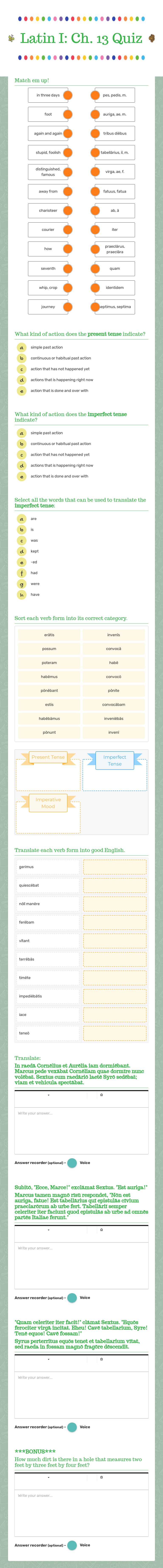Latin I: Ch. 13 Quiz worksheet preview image