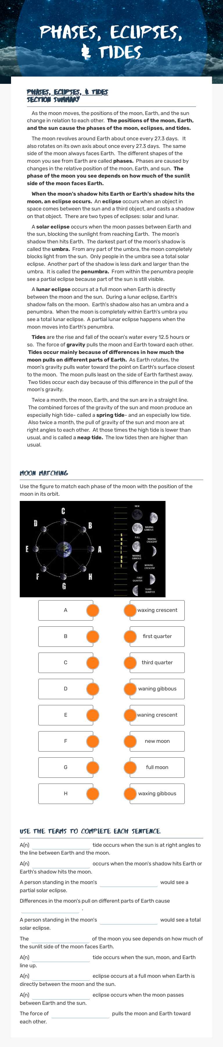 Phases, eclipses, & tides Grade 6 worksheet preview