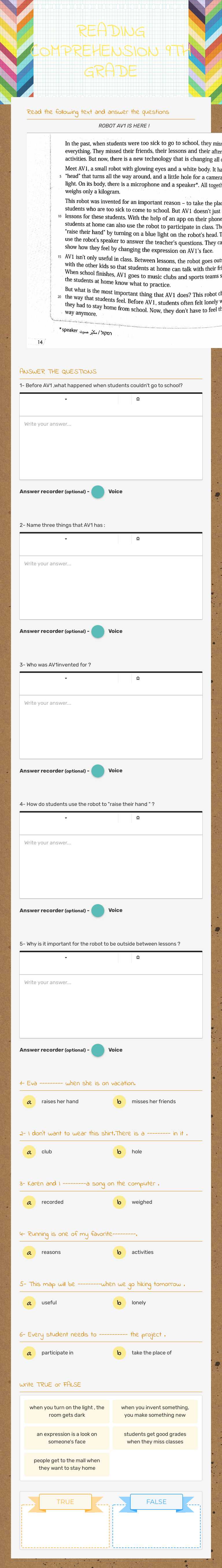 READING COMPREHENSION 9TH GRADE Grade 9 worksheet preview