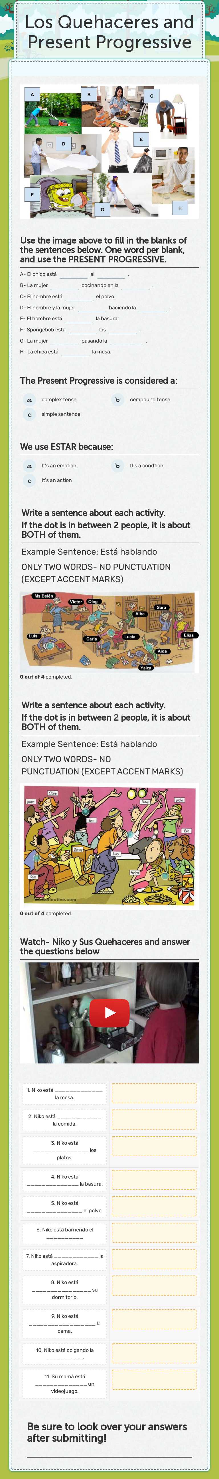 Los Quehaceres and Present Progressive worksheet preview image