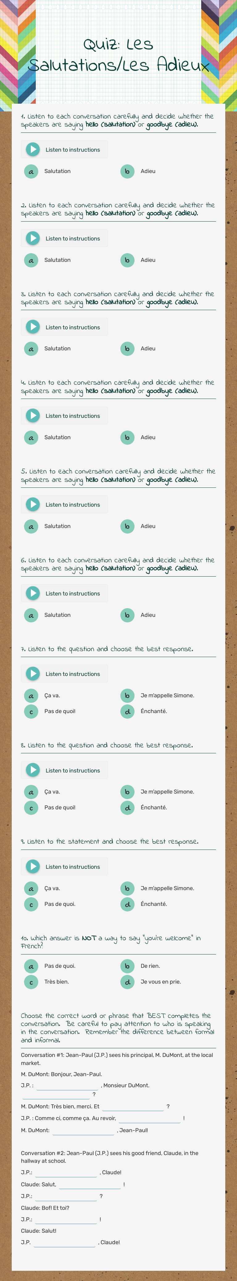 Quiz: Les Salutations/Les Adieux Grade 7 worksheet preview