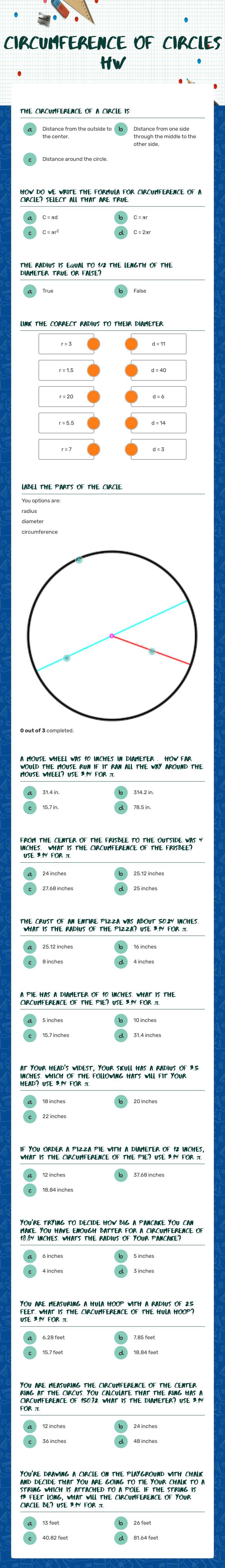 Circumference of Circles HW worksheet preview image