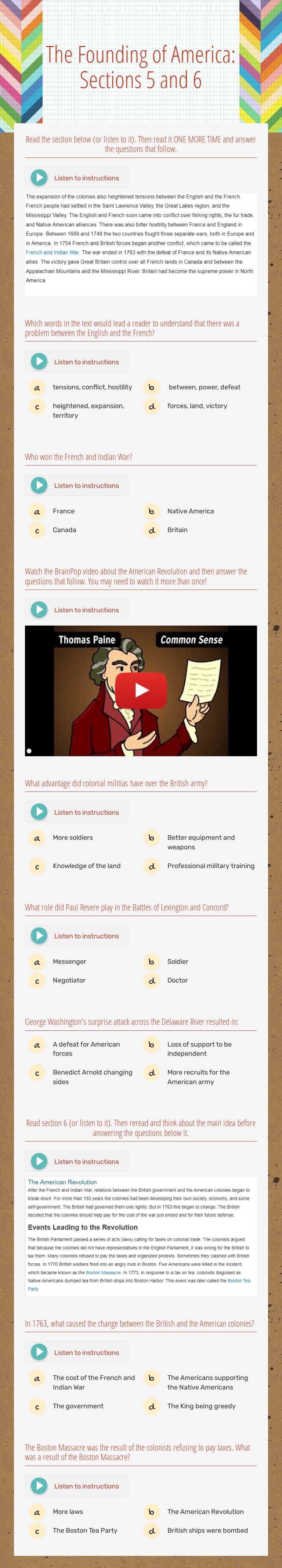 The Founding of America: Sections 5 and 6 worksheet preview image