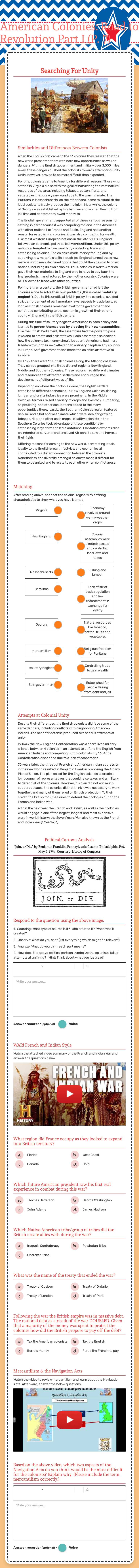 American Colonies:                             Road to Revolution Part I (P. 7) worksheet preview image