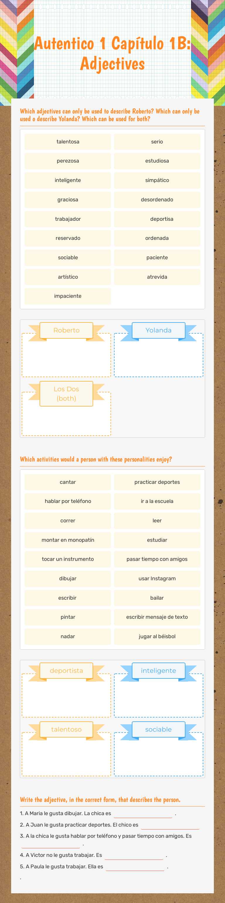 Autentico 1  Capítulo 1B: Adjectives worksheet preview image