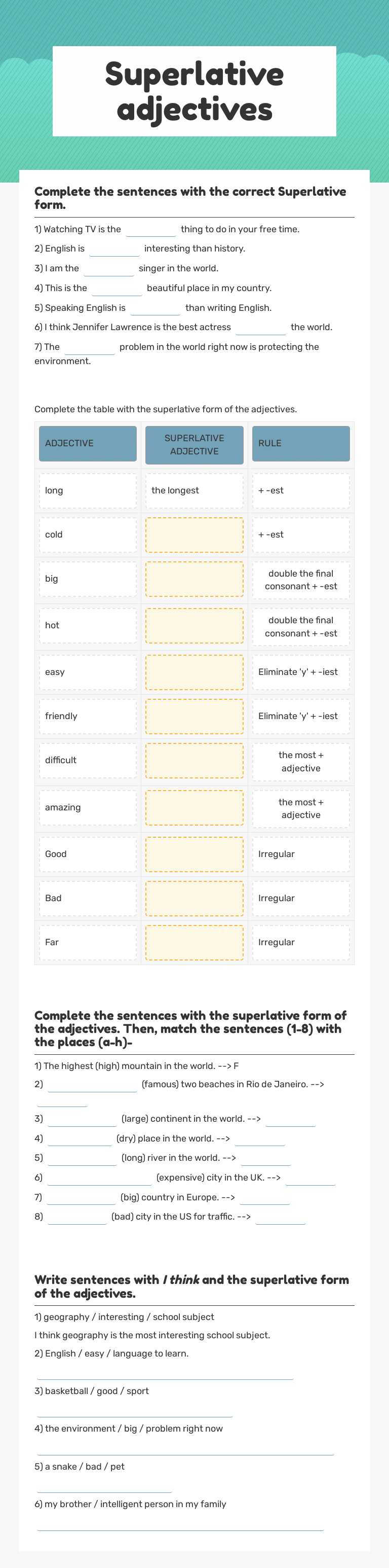 Superlative adjectives worksheet preview image
