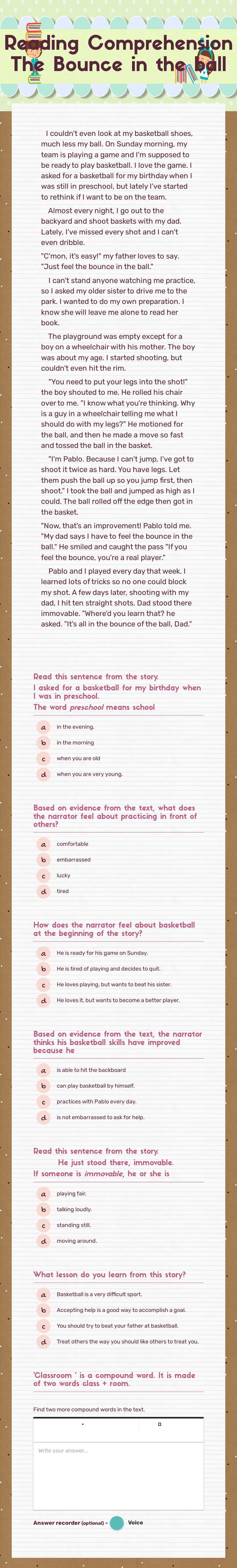 Reading Comprehension
The Bounce in the ball Grade 3 worksheet preview