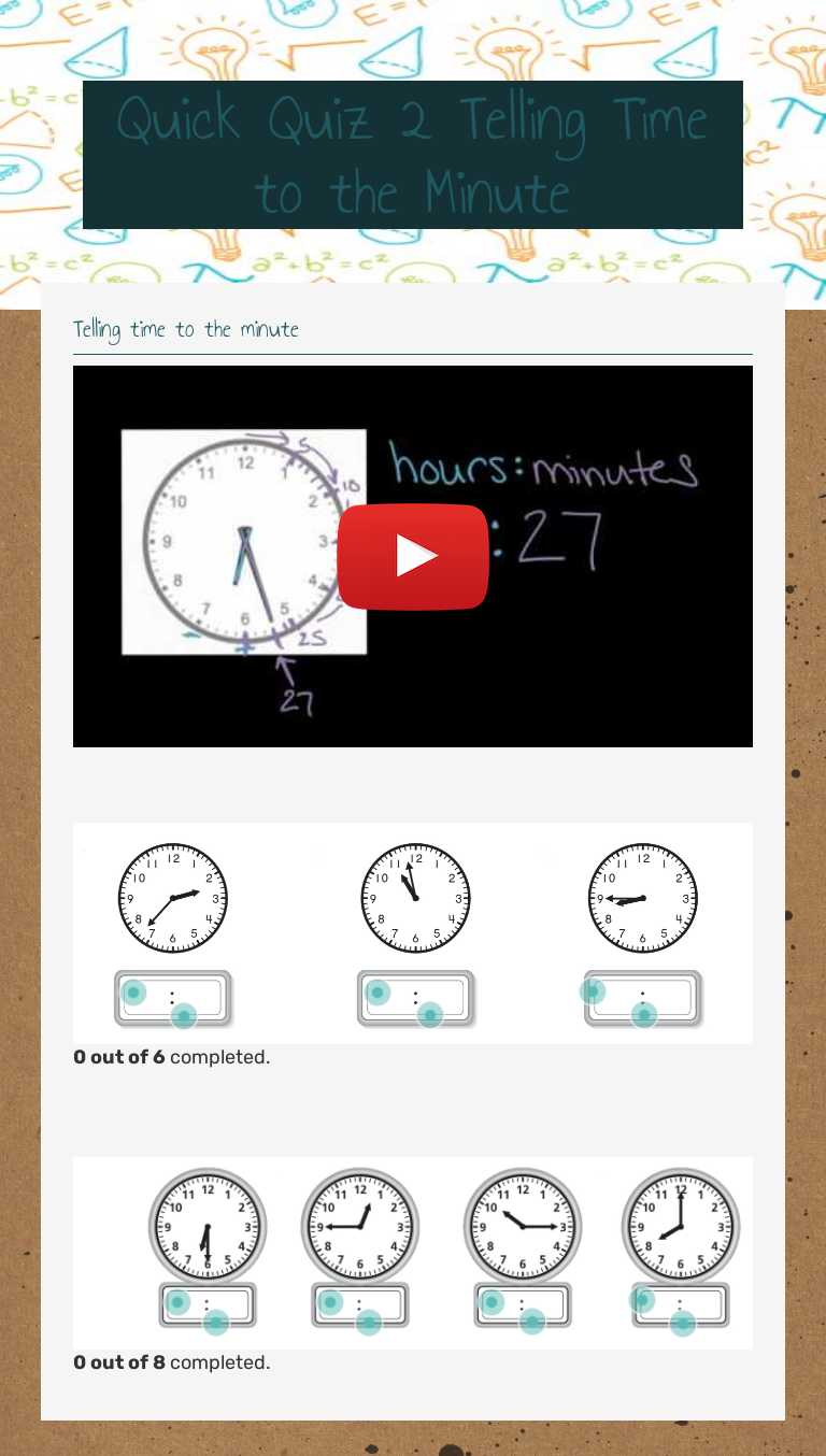 Quick Quiz 2 Telling Time to the Minute worksheet preview image