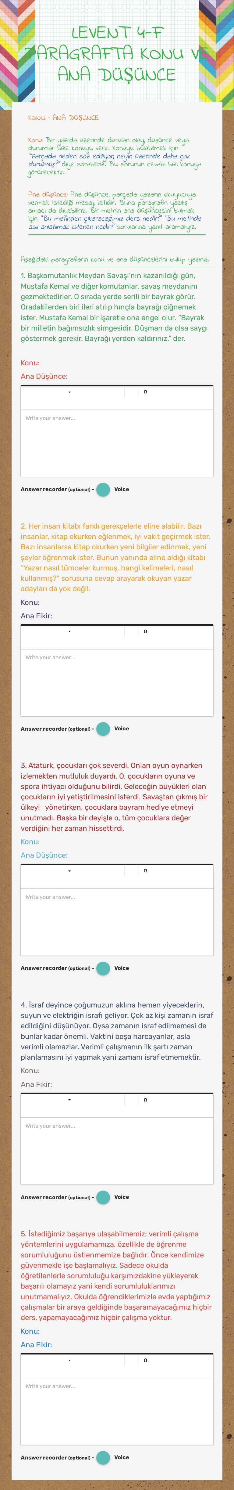 LEVENT 4-F PARAGRAFTA 
KONU VE ANA DÜŞÜNCE Grade 4 worksheet preview