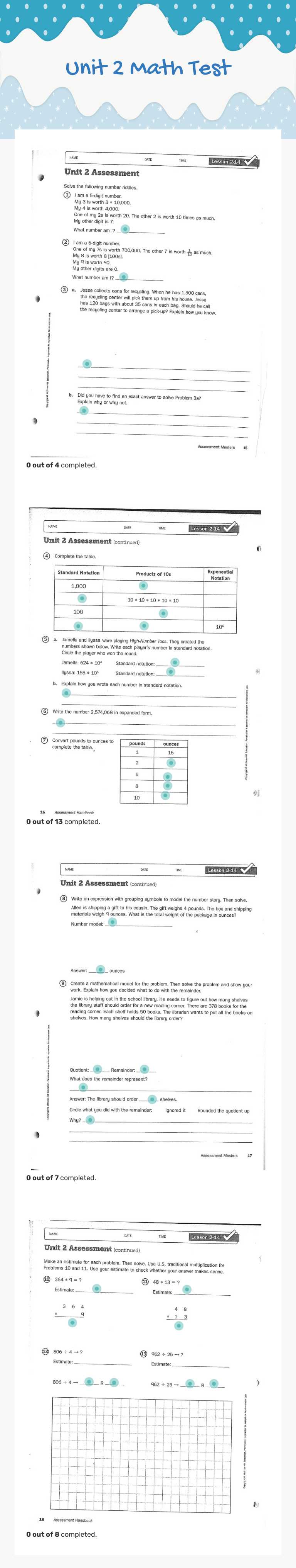 Unit 2 Math Test Grade 5 worksheet preview