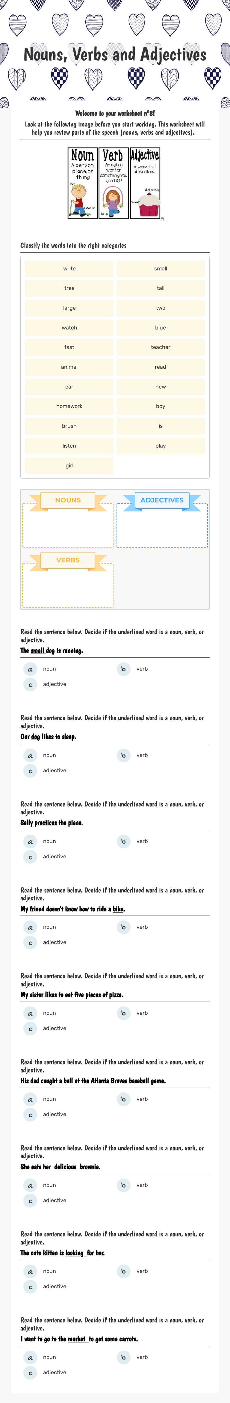 Nouns, Verbs and Adjectives worksheet preview image