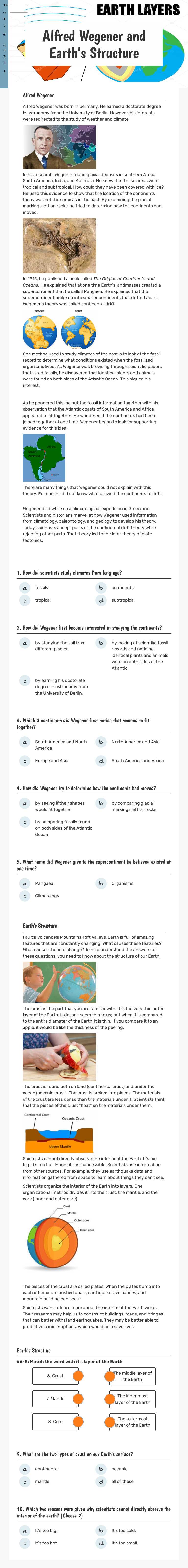 Alfred Wegener and Earth's Structure Grade 5 worksheet preview