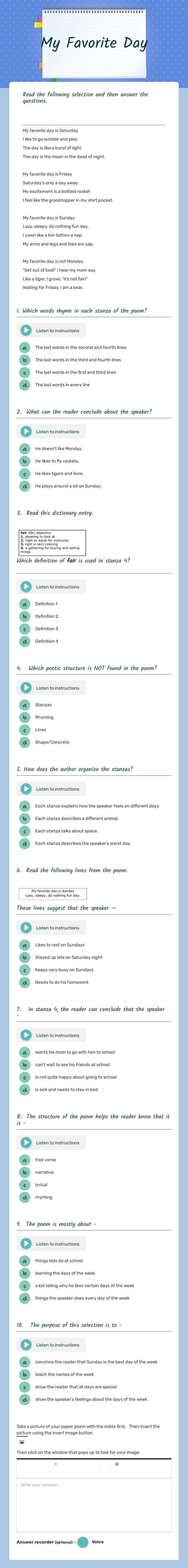 My Favorite Day Grade 4 worksheet preview