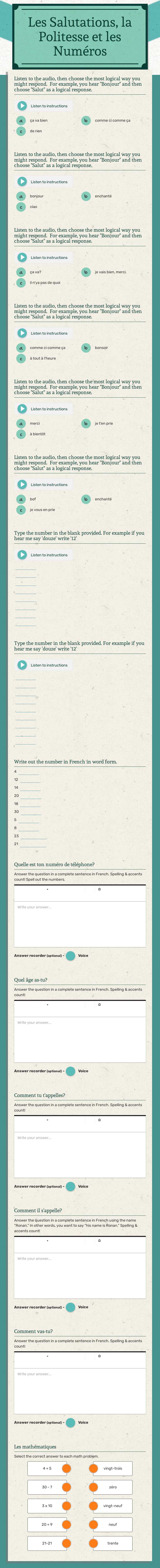 Les Salutations, la Politesse et les Numéros Grade 9 worksheet preview