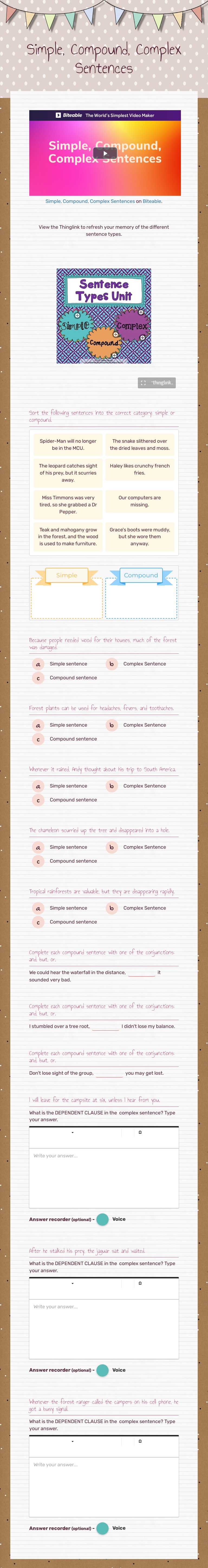 Simple, Compound, Complex Sentences Grade 5 worksheet preview