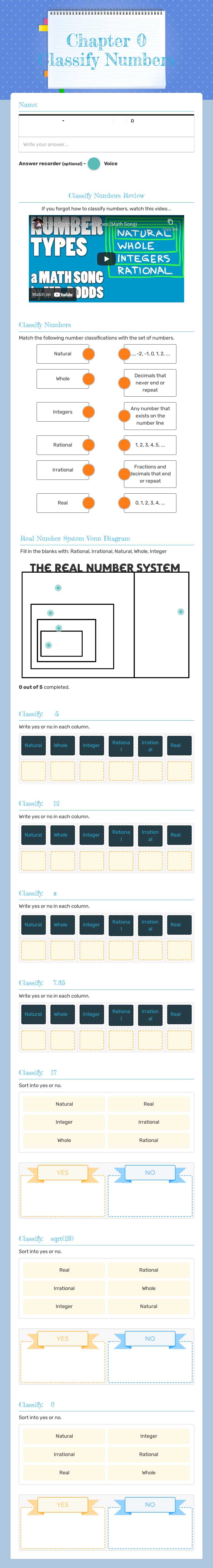 Classifying Numbers worksheet preview image