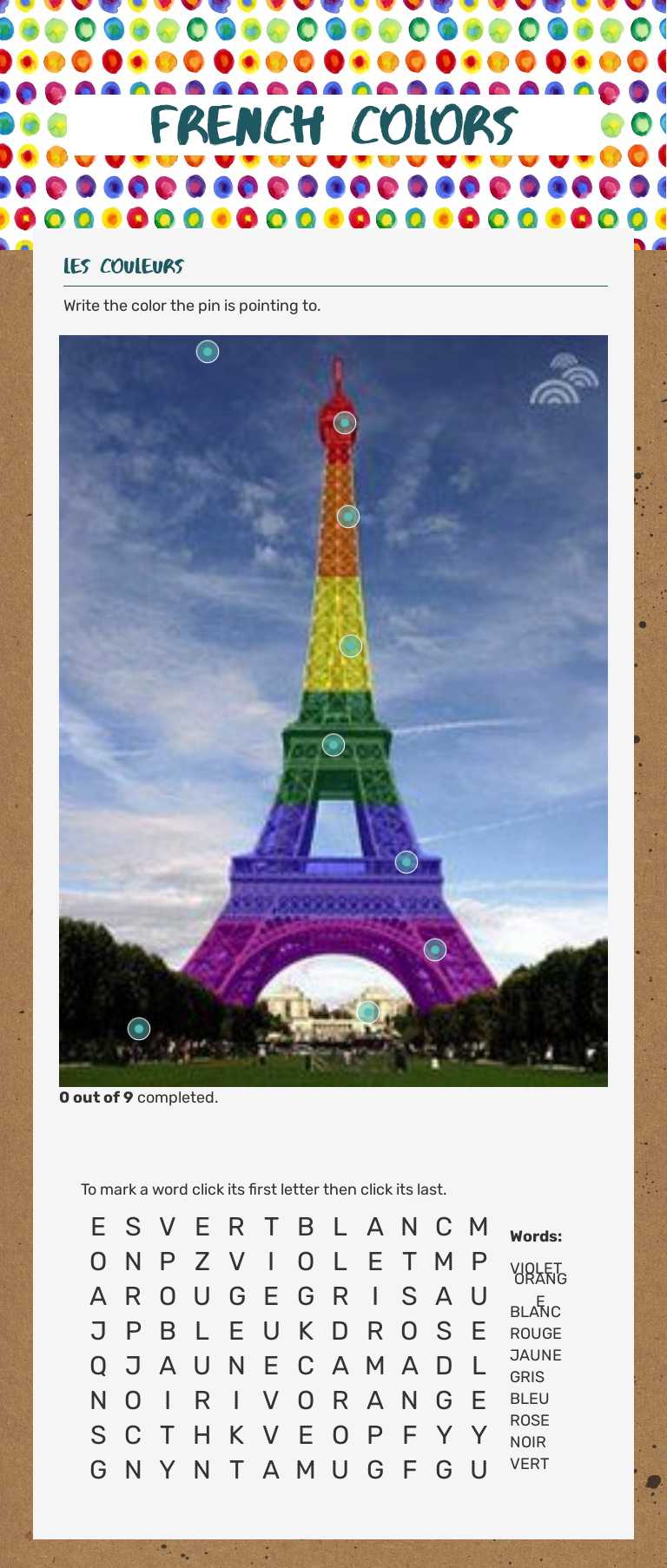 French colors Grade 7 worksheet preview