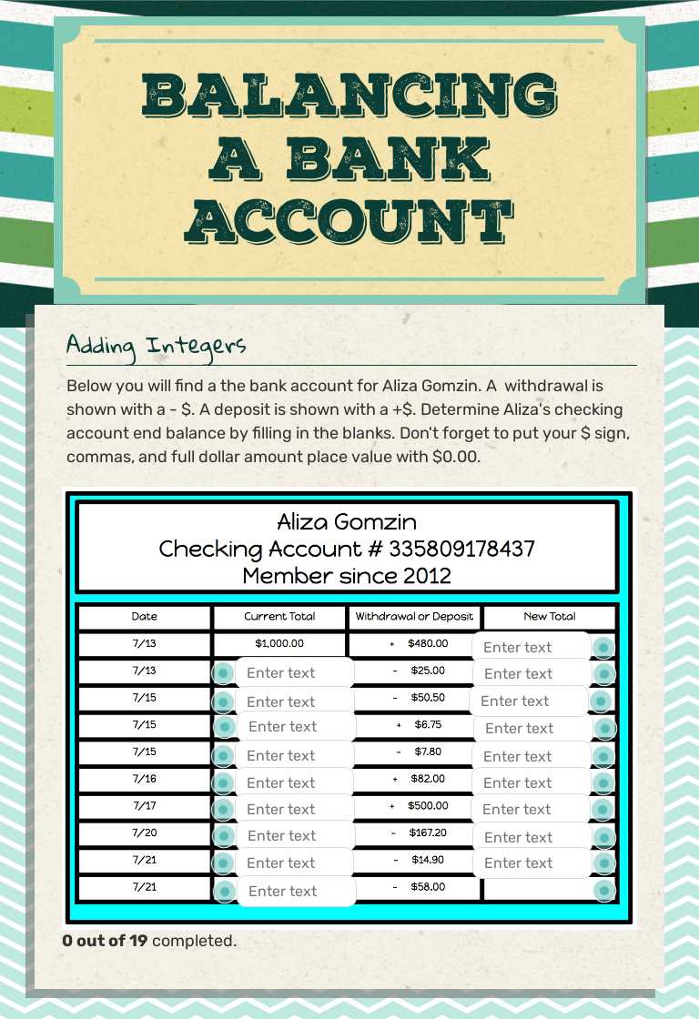 balancing a bank account worksheet preview image