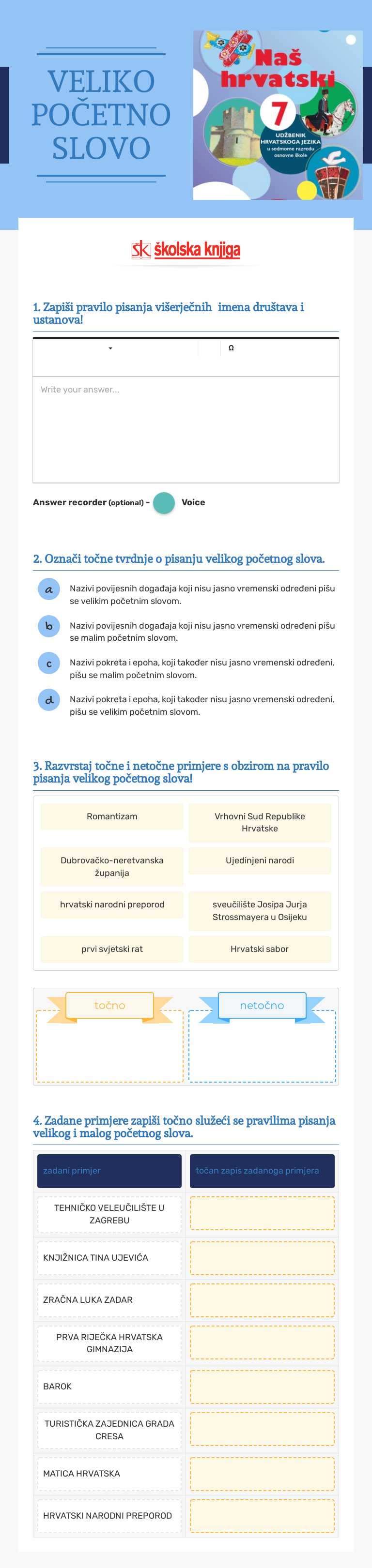 VELIKO POČETNO SLOVO Grade 7 worksheet preview