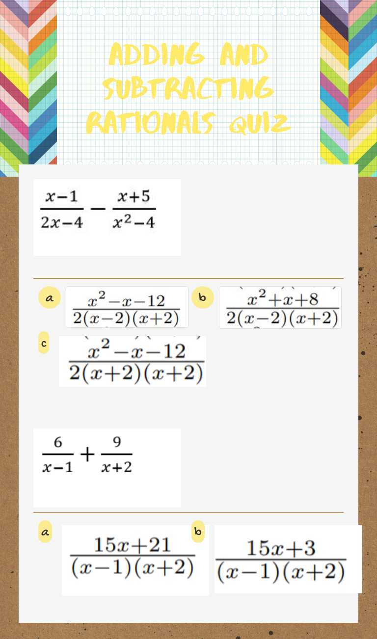 Adding and subtracting rationals quiz worksheet preview image